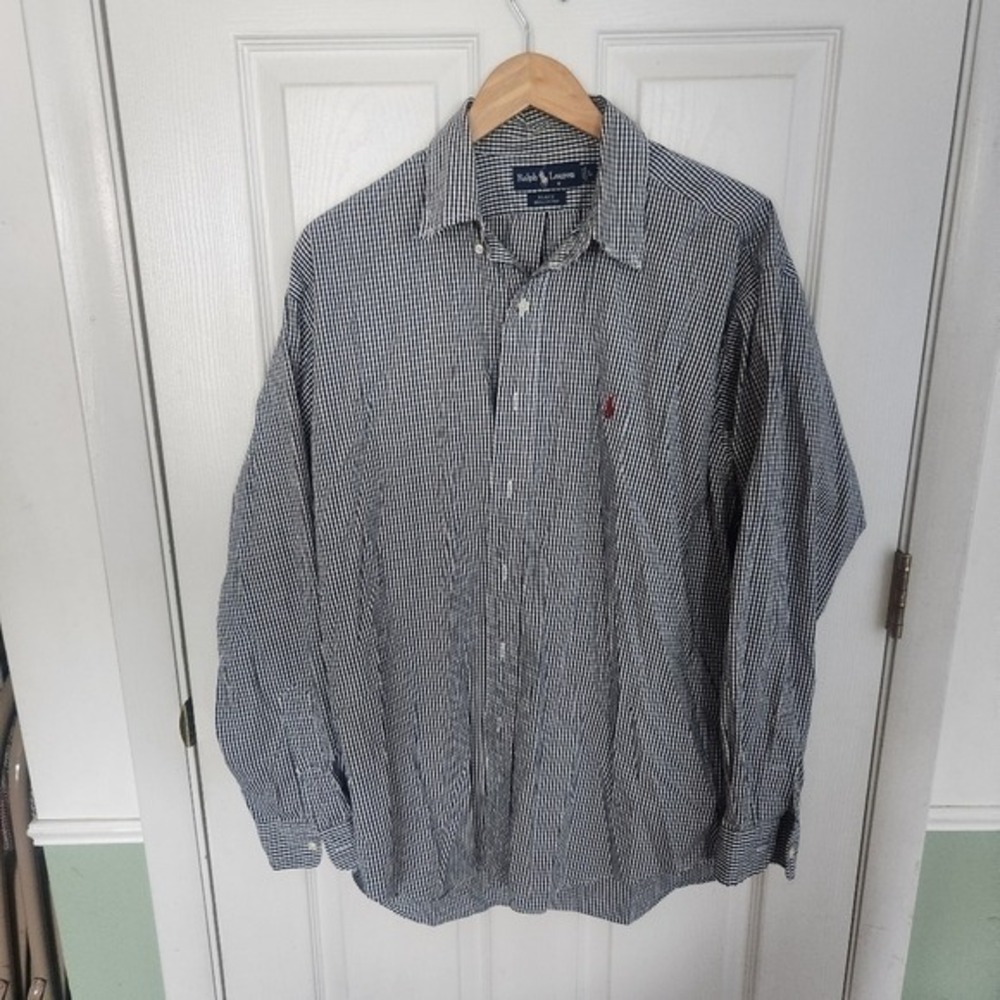 Ralph Lauren Blake Men Navy Blue White Gingham Cotton Button Down Shirt L Preppy